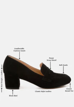Astra Block Heel Genuine Suede Loafers -Rag & Co Astra Block Heel Suede Loafers RCSH5190 BLACK 5