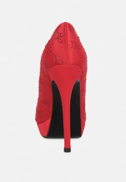 BALLARD Red Monogram Satin Stiletto Pumps 14 BALLARD Red Monogram Satin Stiletto Pumps -Rag & Co BALLARDRedMonogramSatinStilettoPumps RCSH3983 Red 1