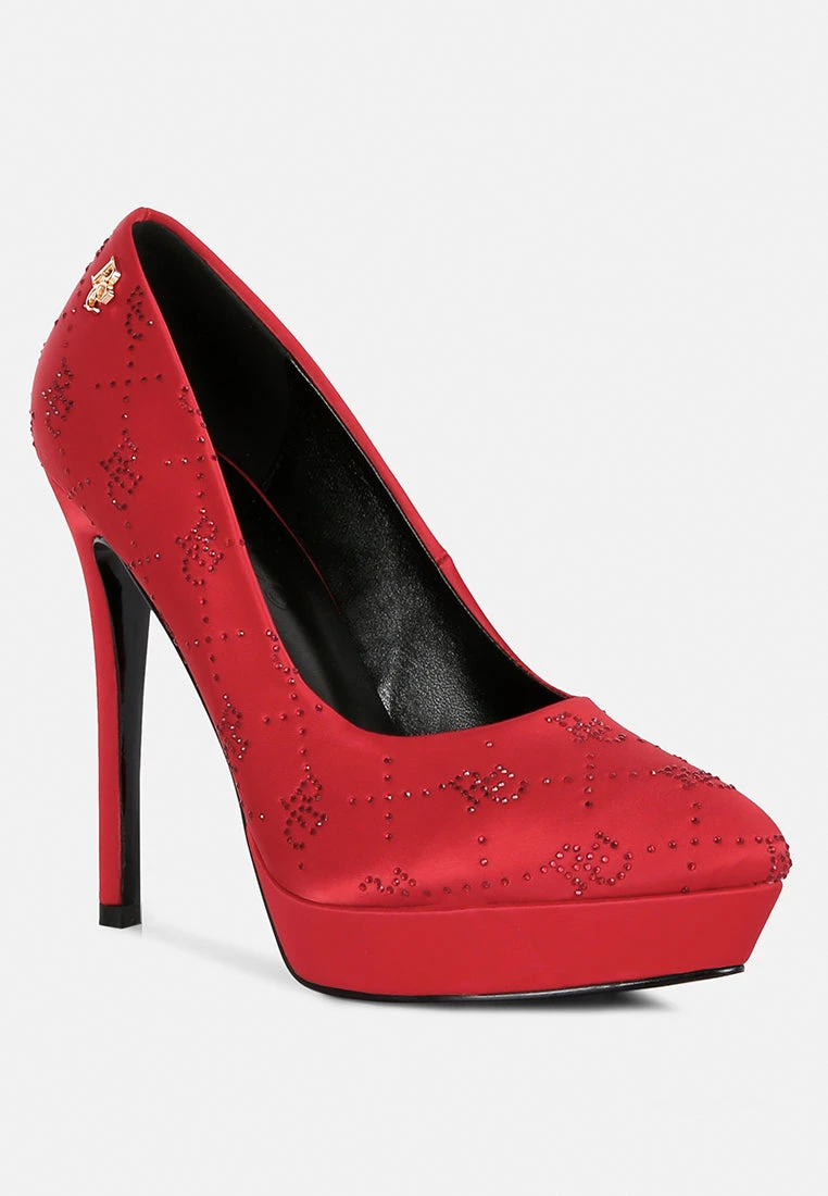 BALLARD Red Monogram Satin Stiletto Pumps 3 BALLARD Red Monogram Satin Stiletto Pumps