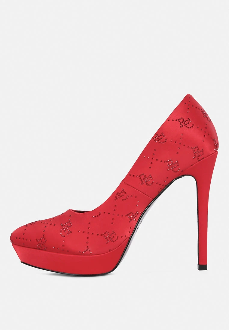 BALLARD Red Monogram Satin Stiletto Pumps 6 BALLARD Red Monogram Satin Stiletto Pumps - Image 4