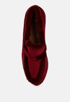 Bastian Fur Detail Velvet Loafers -Rag & Co BastianFurDetailVelvetLoafersRCSH5204BURGUNDY 2