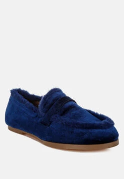 Bastian Fur Detail Velvet Loafers -Rag & Co Bastian Fur Detail Velvet Loafers RCSH5204 DARK BLUE 6