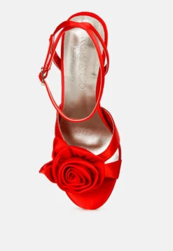 CHAUMET Red Rose Bow Embellished Sandals -Rag & Co CHAUMETRedRoseBowSatinHeeledSandals RCSH3434Red 7