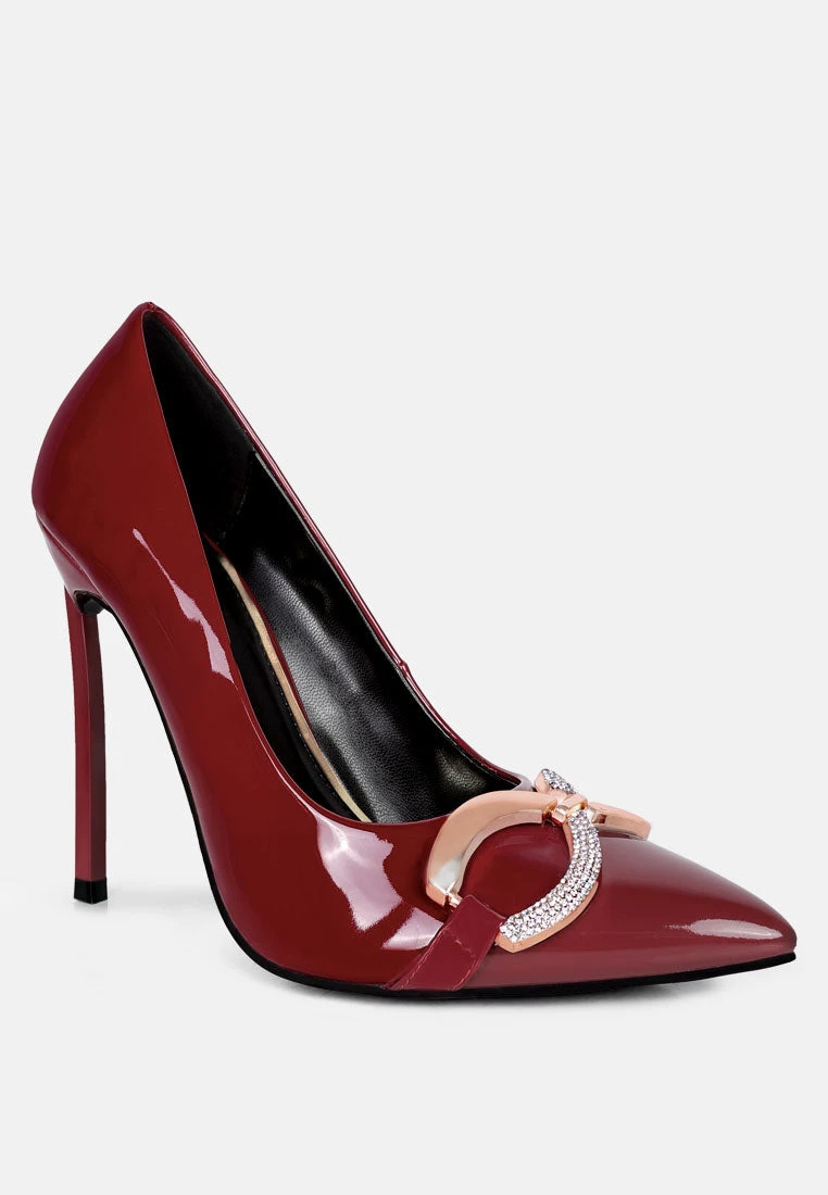 COCKTAIL Buckle Embellished Stiletto Pump Shoes In Burgundy 3 COCKTAIL Buckle Embellished Stiletto Pump Shoes In Burgundy