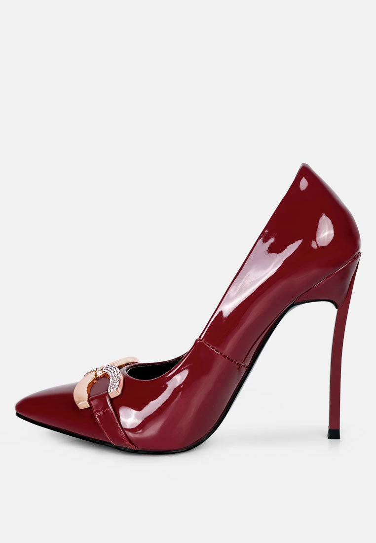 COCKTAIL Buckle Embellished Stiletto Pump Shoes In Burgundy 6 COCKTAIL Buckle Embellished Stiletto Pump Shoes In Burgundy - Image 4