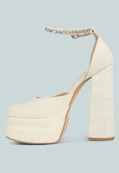 COSETTE Diamante Embellished Ankle Strap High Block Heel Sandals In Off White 14 COSETTE Diamante Embellished Ankle Strap High Block Heel Sandals In Off White -Rag & Co COSETTEDiamanteEmbellishedAnkleStrapHighBlockHeelSandalsinOffWhite RCSH4185OffWhite 7