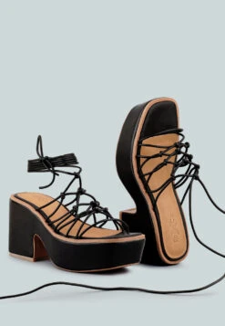 FAWCETT Black Tie Up Platform Heeled Sandals 12 FAWCETT Black Tie Up Platform Heeled Sandals -Rag & Co FAWCETTBlackTieUpHandmadeBlockHeeledSandals RCSH2393 Black 4