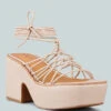 FAWCETT Nude Tie Up Platform Heeled Sandals 1 FAWCETT Nude Tie Up Platform Heeled Sandals -Rag & Co FAWCETTNudeTieUpHandmadeBlockHeeledSandals RCSH2393 Nude 1