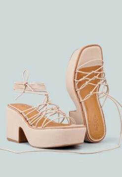 FAWCETT Nude Tie Up Platform Heeled Sandals 12 FAWCETT Nude Tie Up Platform Heeled Sandals -Rag & Co FAWCETTNudeTieUpHandmadeBlockHeeledSandals RCSH2393 Nude 5