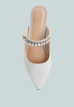 GEODE Pearl Embellished Slip On Mules In Silver -Rag & Co GEODEPearlEmbellishedSlipOnMulesInSilver RCSH3111 silver 7