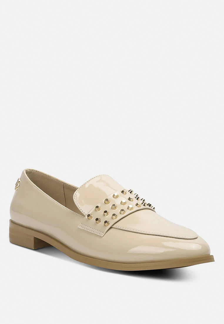 MEANBABE Semicasual Stud Detail Patent Loafers In Beige 3 MEANBABE Semicasual Stud Detail Patent Loafers In Beige