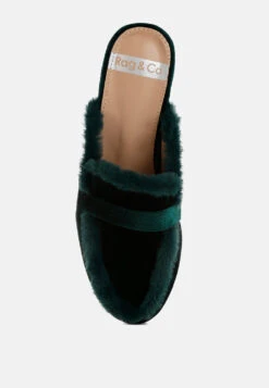 Seyhan Fur Detail Velvet Slip-On Mules 15 Seyhan Fur Detail Velvet Slip-On Mules -Rag & Co MulesFurDetailVelvetSlip OnMules RCSH5205 BottleGreen 12