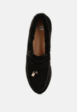 Ohrid Real Suede Leather & Faux Fur Flat Loafers -Rag & Co Ohrid Suede Faux Fur Flat Loafers RCSH5202 Black 9