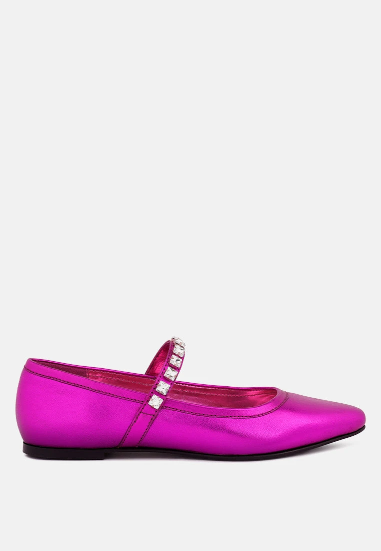 ALVERNO Metallic Diamante Mary Jane Leather Flats In Fuchsia 4 ALVERNO Metallic Diamante Mary Jane Leather Flats In Fuchsia - Image 2
