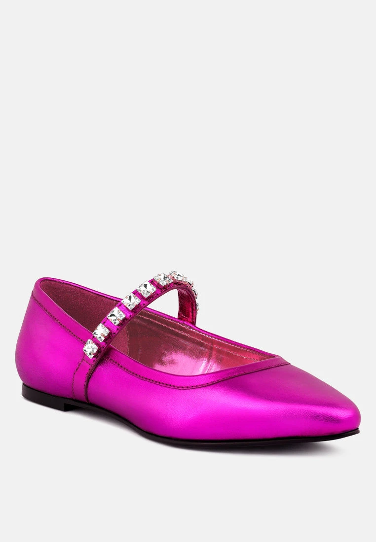 ALVERNO Metallic Diamante Mary Jane Leather Flats In Fuchsia 3 ALVERNO Metallic Diamante Mary Jane Leather Flats In Fuchsia