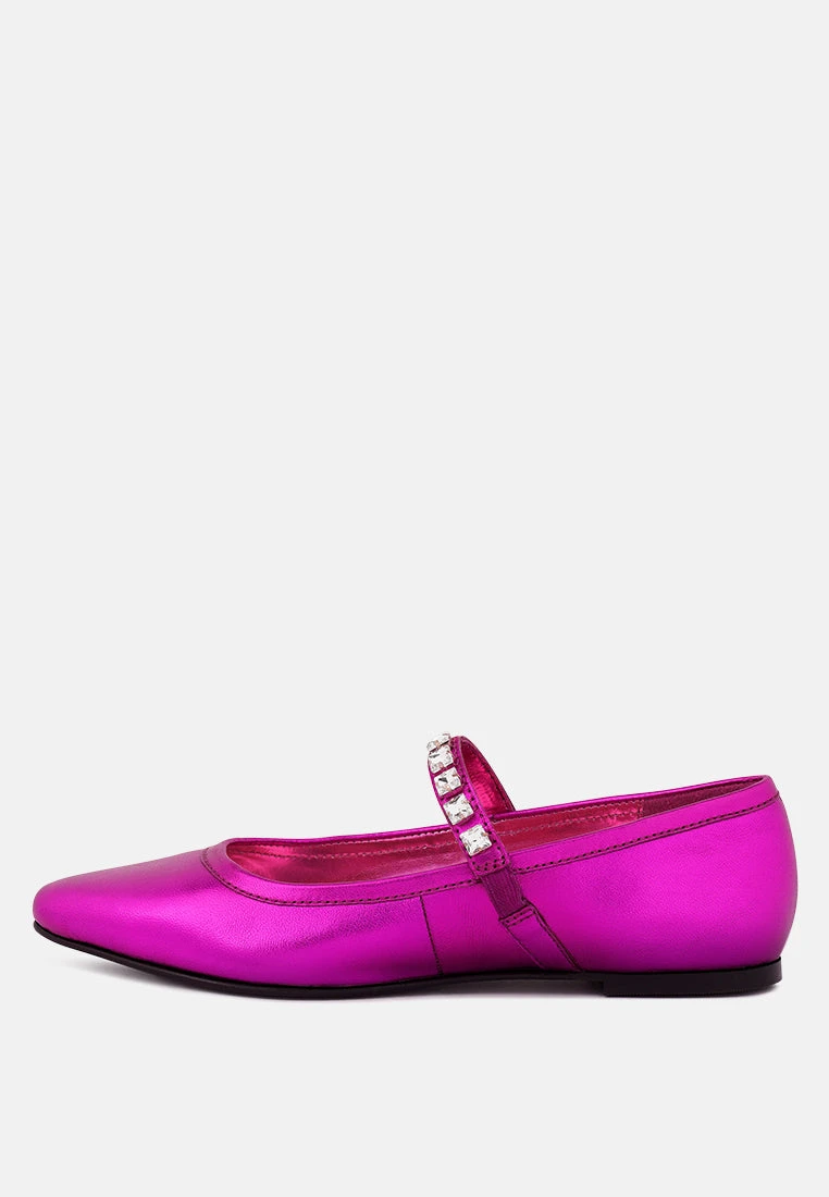 ALVERNO Metallic Diamante Mary Jane Leather Flats In Fuchsia 6 ALVERNO Metallic Diamante Mary Jane Leather Flats In Fuchsia - Image 4