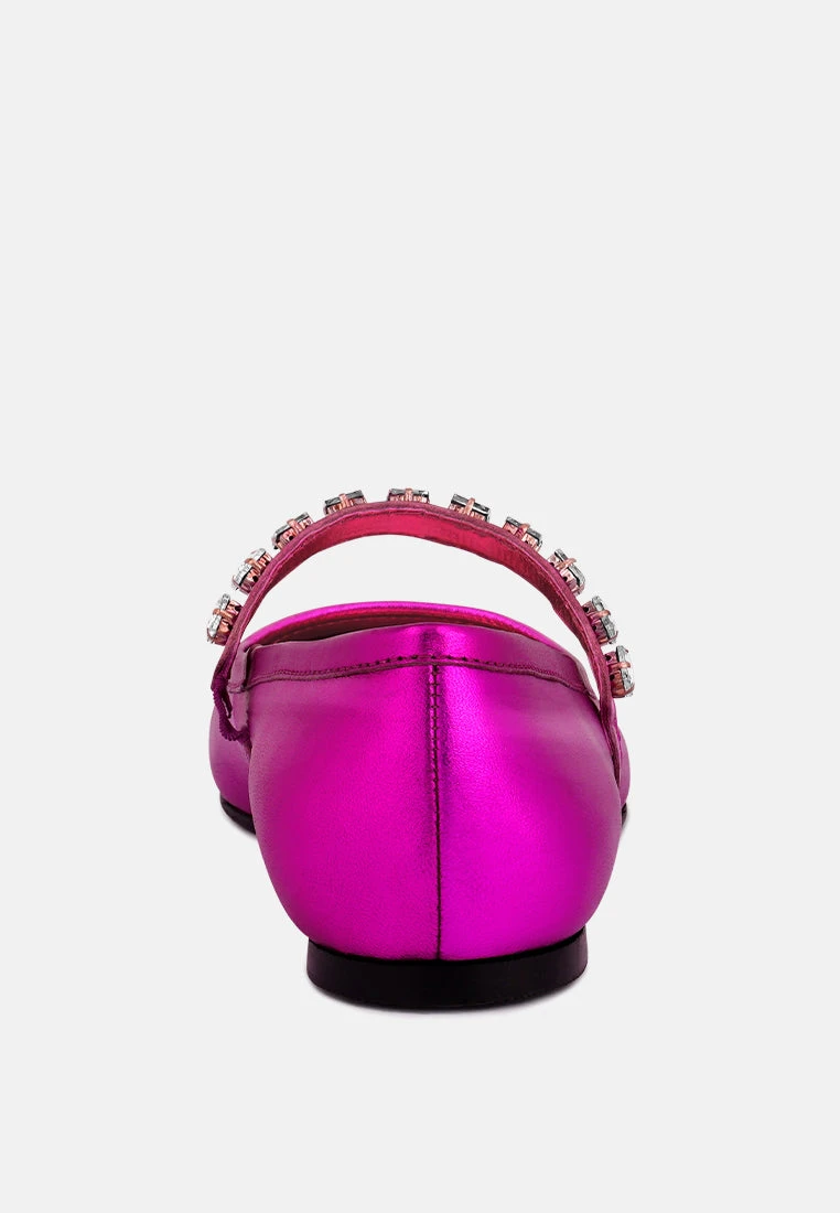ALVERNO Metallic Diamante Mary Jane Leather Flats In Fuchsia 7 ALVERNO Metallic Diamante Mary Jane Leather Flats In Fuchsia - Image 5
