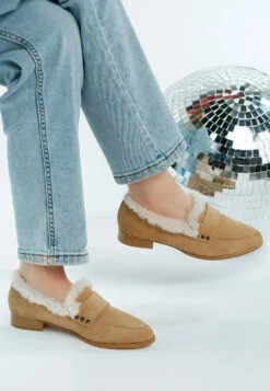 Allie Fur Trim Genuine Suede Loafers -Rag & Co RCSH4845 beige