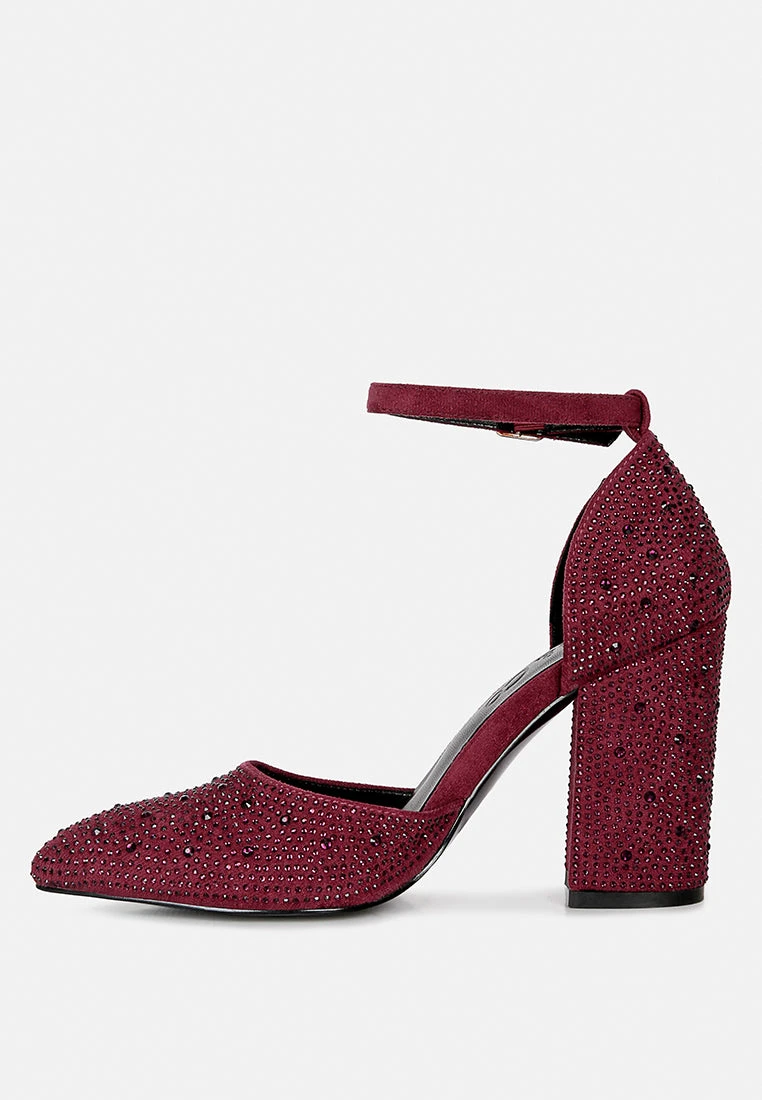 CULVER Rhinestone Embellished Block Heel Sandals In Burgundy 6 CULVER Rhinestone Embellished Block Heel Sandals In Burgundy - Image 4