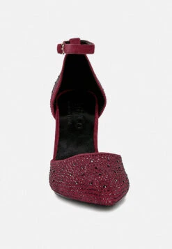 CULVER Rhinestone Embellished Block Heel Sandals In Burgundy 10 CULVER Rhinestone Embellished Block Heel Sandals In Burgundy -Rag & Co culvermicrofiberdiamanteblockheeledsandalinBurgundy RCSH3454 7