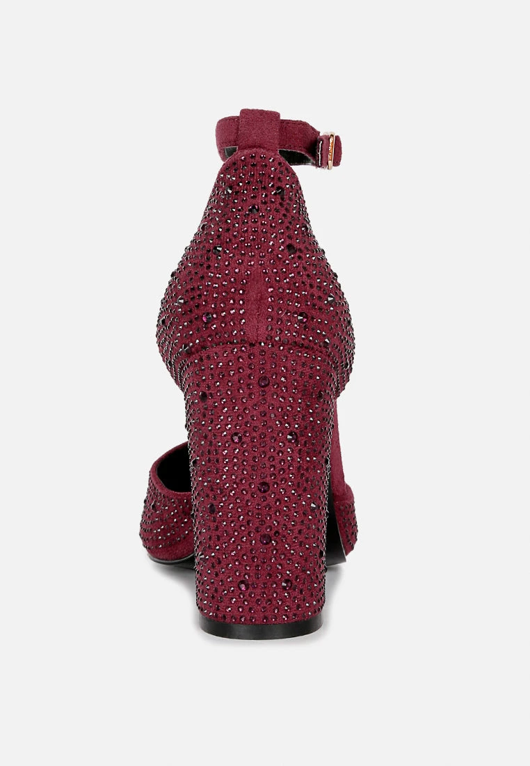 CULVER Rhinestone Embellished Block Heel Sandals In Burgundy 7 CULVER Rhinestone Embellished Block Heel Sandals In Burgundy - Image 5