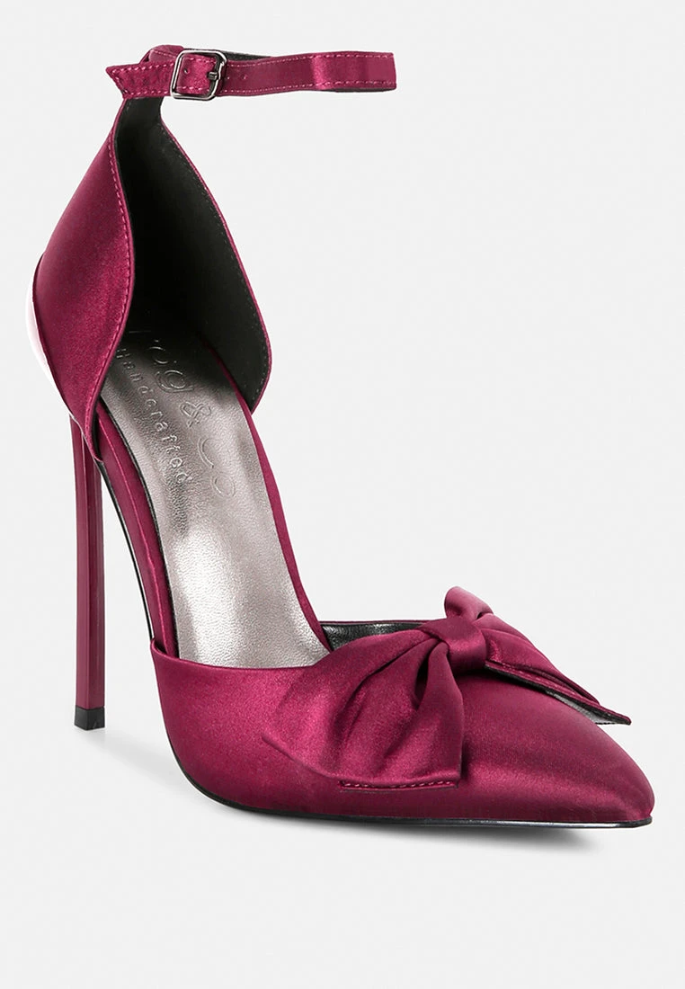 DINGLES Burgundy Bow Embellished Satin Stiletto Sandals 3 DINGLES Burgundy Bow Embellished Satin Stiletto Sandals