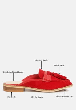 EDMANDA Tassle Detail Leather Mules In Red -Rag & Co edmandatassledetailleathermules RCSH4128 red 1