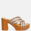 FInley Raffia High Block Heel Clogs In Tan -Rag & Co finleyraffiahighblockheelmules RCSH4741 tan 2
