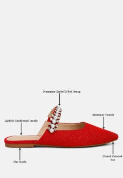GEODE Pearl Embellished Slip On Mules In Red -Rag & Co geodepearlembellishedsliponmules RCSH3111 red 1