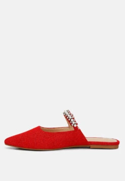 GEODE Pearl Embellished Slip On Mules In Red -Rag & Co geodepearlembellishedsliponmules RCSH3111 red 5