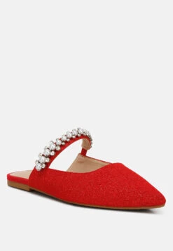 GEODE Pearl Embellished Slip On Mules In Red -Rag & Co geodepearlembellishedsliponmules RCSH3111 red 6