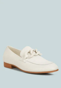 MERVA Chunky Chain Leather Loafers In Off White