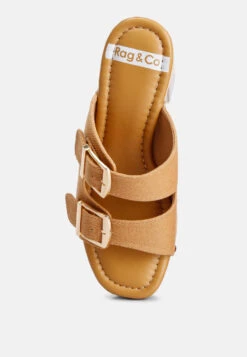 Sarai Buckle Straps High Block Heel Clogs In Tan -Rag & Co saraibucklestrapshighblockheelmules RCSH4764 tan 1