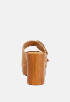 Sarai Buckle Straps High Block Heel Clogs In Tan -Rag & Co saraibucklestrapshighblockheelmules RCSH4764 tan 10