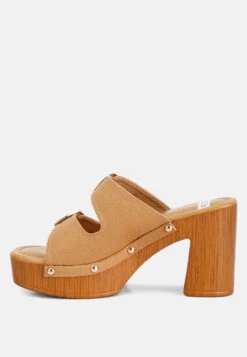 Sarai Buckle Straps High Block Heel Clogs In Tan -Rag & Co saraibucklestrapshighblockheelmules RCSH4764 tan 8
